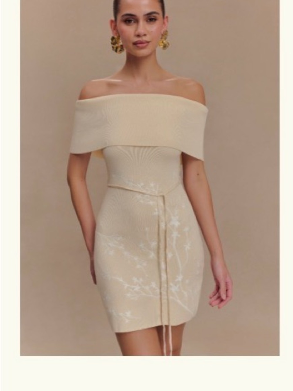 Meshki Cream Strapless Fold-Over Mini Dress with Subtle Floral